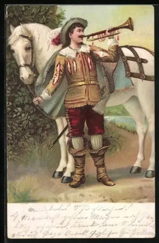 Lithographie Behüt Dich Gott!, Abschied, Trompeter von Säckingen mit Pferd