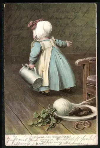 AK G`schwind eine frische Mass!, ein kleines Mädchen schleppt einen Bierkrug, Teller mit Würstl, Brezel u. Radi