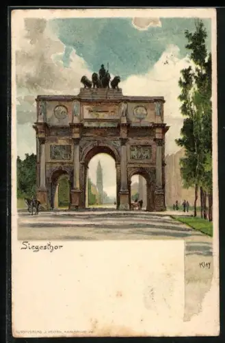 Künstler-AK Heinrich Kley: München, Reiter und Kutsche am Siegestor