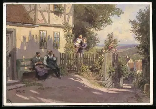 Künstler-AK P. Hey: Arbeit und Frieden, Feierabend, Stimmung im Licht der Abendsonne