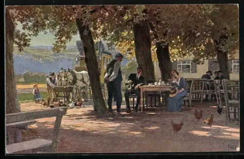 Künstler-AK P. Hey: Auf der Hochzeitsreise, Pferdekutsche an der Tränke, Paar sitzt unter einem Baum