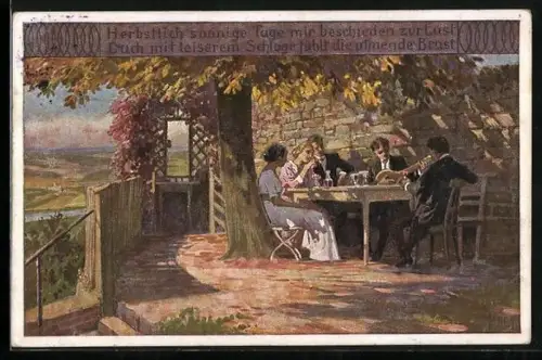 Künstler-AK Paul Hey: Herbst, Mit Laute beim Wein