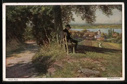 Künstler-AK Paul Hey: alter Mann geniesst auf einer Bank die Herbstsonne