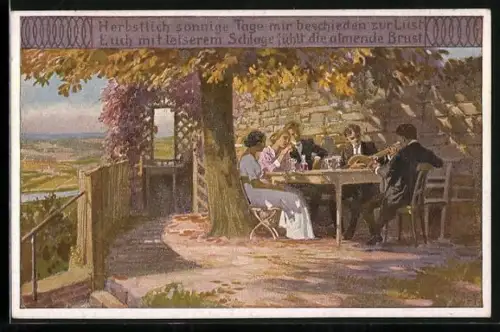 Künstler-AK Paul Hey: Herbst, Mit Laute beim Wein