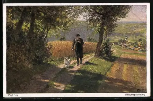 Künstler-AK P. Hey: Morgenspaziergang eines Pfarrers, Hund, Verein für das Deutschtum im Ausland