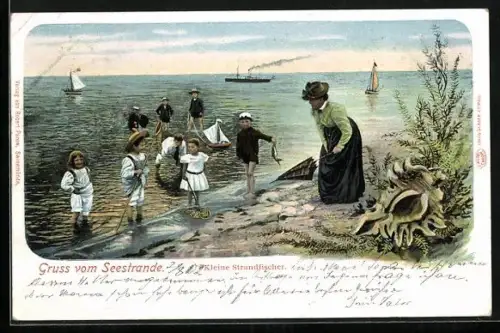 AK Kinder mit Keschern und Spielzeugbooten am Strand, Kleine Strandfischer