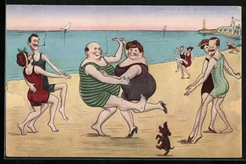 Künstler-AK Paare in Badeanzügen tanzen zusammen am Strand