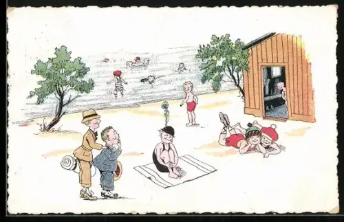 Künstler-AK Kinder in Badekleidung am Strand