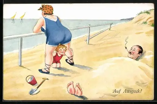 Künstler-AK In Sand eingegrabener Mann beobachtet eine Frau in Badeanzug