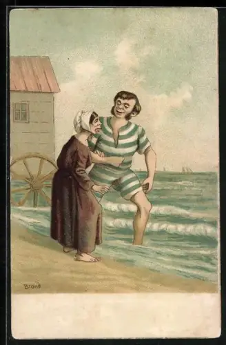 Künstler-AK Mann versucht eine Frau dazu zu überreden ins Wasser zu gehen