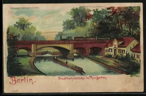 Lithographie Berlin-Tiergarten, Stadtbahnbrücke im Thiergarten, Nachthimmel im Gegenlicht, Halt gegen das Licht