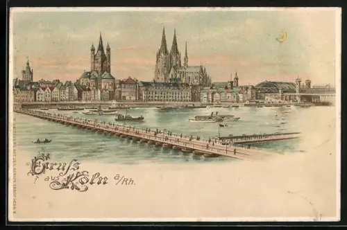 Lithographie Köln a. Rh., Panorama mit Dom, Leuchtende Fenster und Mondsichel im Gegenlicht, Halt gegen das Licht