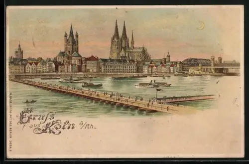 Lithographie Köln a. Rh., Flusspanorama mit Dom, Leuchtende Fenster und Mondsichel im Gegenlicht, Halt gegen das Licht