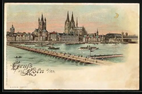 Lithographie Köln a. Rh., Flusspanorama mit Dom, Leuchtende Fenster und Mondsichel im Gegenlicht, Halt gegen das Licht