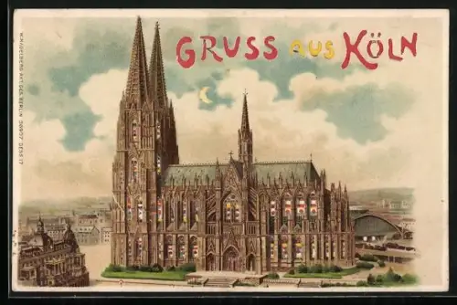 Lithographie Köln, Dom mit leuchtenden Fenstern im Gegenlicht, Halt gegen das Licht