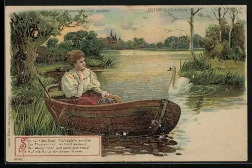 Lithographie Dame im Boot auf See mit Schwan, Sonnenuntergang im Gegenlicht, Halt gegen das Licht