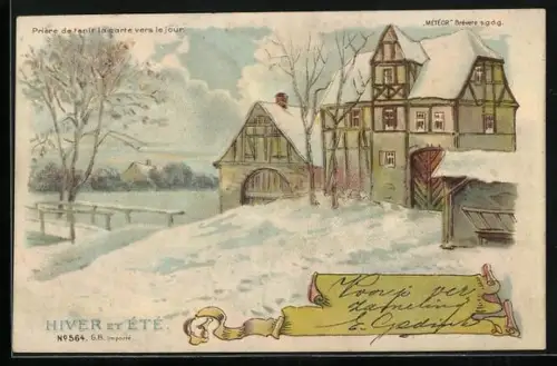 Lithographie Verschneites Anwesen, Pferdekutsche mit Heu im Sommer bei Gegenlicht, Halt gegen das Licht