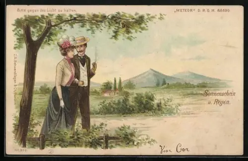 Lithographie Paar spaziert im Sonnenschein, Im Gegenlicht bei starkem Regen, Halt gegen das Licht