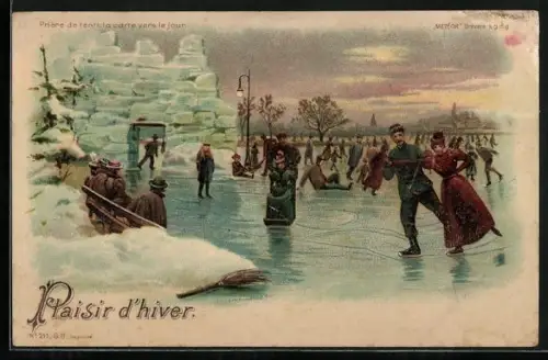 Lithographie Schlittschuhläufer auf zugefrorenem Gewässer, Mondschein im Gegenlicht, Halt gegen das Licht