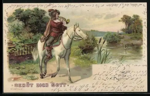 Lithographie Reiter mit Trompete, Gewitter bei Gegenlicht, Halt gegen das Licht