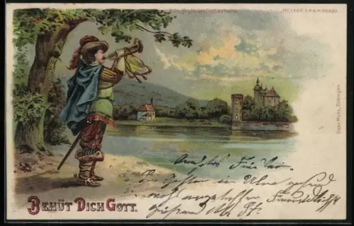Lithographie Behüt Dich Gott!, Der Trompeter am Fluss stehend, Gewitter im Gegenlicht, Halt gegen das Licht