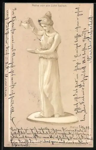 Lithographie Statue der Hebe, Frau im Dirndl im Gegenlicht, Halt gegen das Licht