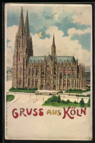 Lithographie Köln, Dom mit leuchtenden Fenstern, Halt gegen das Licht