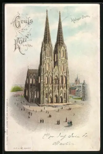 Lithographie Köln, Dom mit leuchtenden Fenstern, Halt gegen das Licht