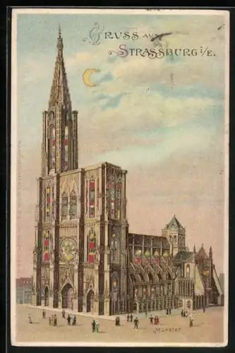 Lithographie Strassburg i. E., Münster mit leuchtenden Fenstern, Halt gegen das Licht