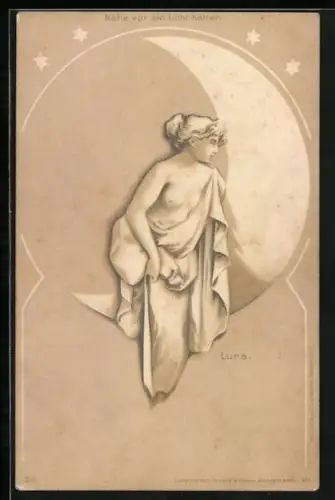 Lithographie Luna auf der Mondsichel, Frau auf dem Bett sitzend im Gegenlicht, Halt gegen das Licht