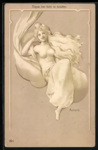 Lithographie Aurora Frauenfigur, Frau in aufreizender Pose und Unterwäsche auf dem Bett, Halt gegen das Licht
