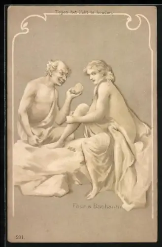 Lithographie Faun und Bachantin, Mann und spärlich bekleidete Frau im Gegenlicht, Halt gegen das Licht
