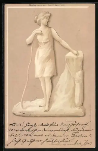 Lithographie Diana mit Köcher, Dame am Waschtisch im Gegenlicht, Halt gegen das Licht
