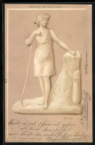 Lithographie Diana mit Stock und Köcher, Dame am Waschtisch im Gegenlicht, Halt gegen das Licht
