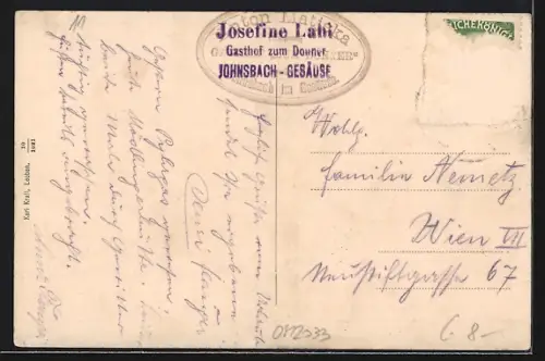 AK Johnsbach im Gesäuse, Ortspartie mit Turmgebäude