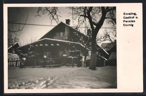 AK Haus /Stmk., Ennsling, Gasthof-Pension Dornig im Winter