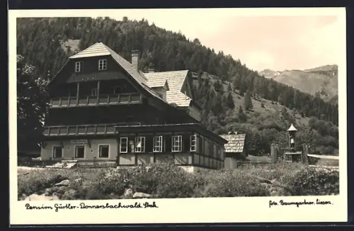 AK Donnersbachwald /Steiermark, Pension Gürtler mit Bildstock u. Umgebung