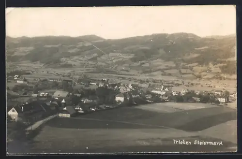 AK Trieben /Steiermark, Gesamtansicht mit Feldern u. Bergpanorama aus der Vogelschau