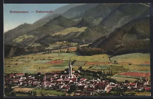 AK Rottenmann /Steiermark, Totalansicht mit Feldern u. Bergblick aus der Vogelschau