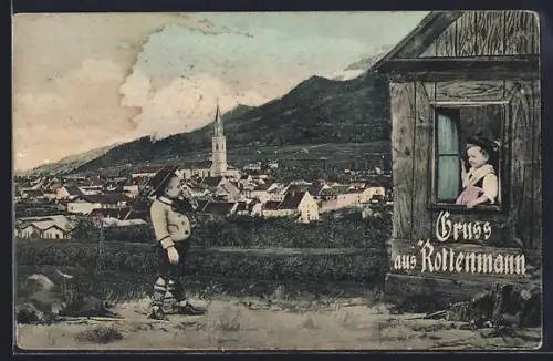 AK Rottenmann, Panorama mit Kirche, Kinder in Trachten