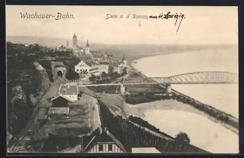AK Stein a. d. Donau, Ortsansicht mit Wachauer-Bahn