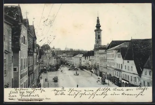 AK Steyr, Platzpartie mit Turm u. Geschäften aus der Vogelschau