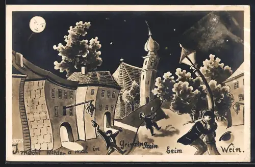 Wirtshaus-AK Wien-Grinzing, I möcht wieder a mal in Grinzing sein beim Wein, aus der Sicht eines Betrunkenen