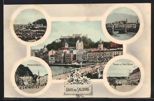 AK Salzburg, Theater & Hotel Bristol, Pferdeschwemme, Ortspartie, Ortsansicht