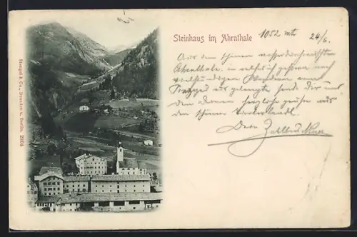 AK Steinhaus im Ahrnthal, Teilansicht mit Talblick aus der Vogelschau