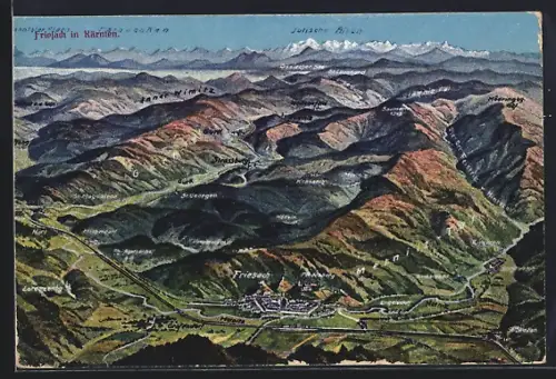 Künstler-AK Friesach in Kärnten, Gesamtansicht mit Umgebung, Bergen und Alpenpanorama aus der Vogelschau