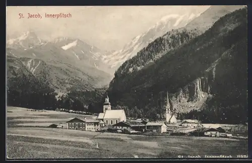 AK Pfitsch, St. Jacob, Ortsansicht gegen das Gebirge