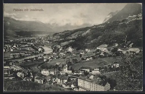 AK Innsbruck, Mühlau mit Innsbruck und Bergpanorama aus der Vogelschau