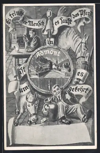 AK Admont, Trinklustiger mit Pferd im Gasthaus, Ortspartie