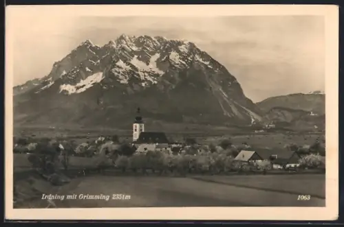 AK Irdning, Ortspanorama mit Feldern und Grimming